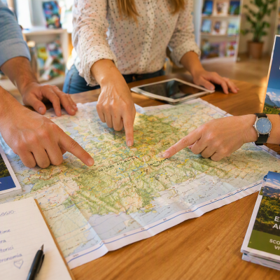 L'immagine generata tramite AI rappresenta un'agenzia di viaggio e turismo