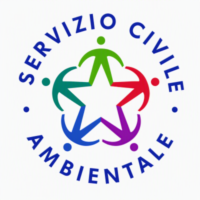 Logo circolare del Servizio Civile Ambientale, composto da una stella centrale stilizzata formata da figure umane colorate, simbolo di partecipazione, collaborazione e impegno per l'ambiente.