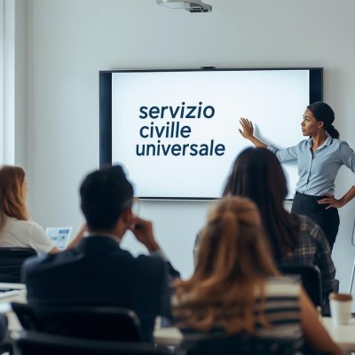 Presentazione informativa sul Servizio Civile Universale davanti a un gruppo di partecipanti in aula Presentazione informativa sul Servizio Civile Universale davanti a un gruppo di partecipanti in aula