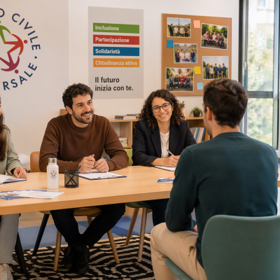 un giovane candidato dialoga con una commissione seduta a un tavolo e sullo sfondo il logo del Servizio Civile Universale 
